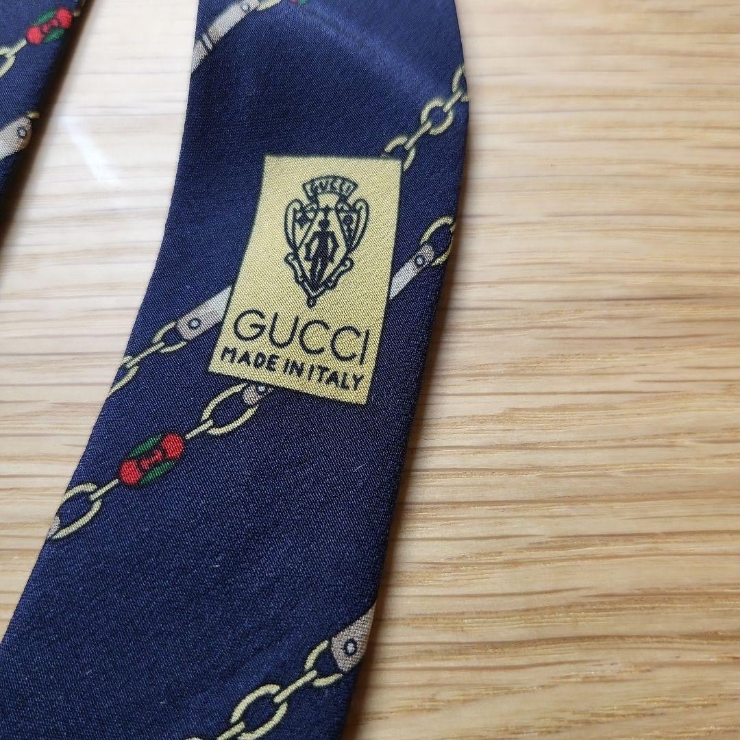 GUCCI Necktie Tie Regimental chain All over Striped pattern Navy 100% Silk Used