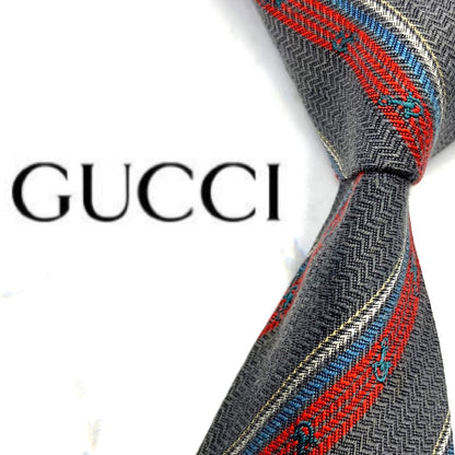 GUCCI Necktie Tie All over Striped pattern Gray Made in Italy 100% Silk Men's