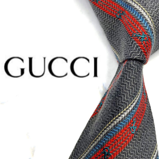 GUCCI Necktie Tie All over Striped pattern Gray Made in Italy 100% Silk Men's