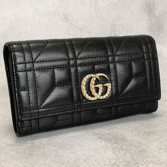 GUCCI GG Marmon Long Wallet Flap Quilted Leather Black Gold Used Auth Women's
