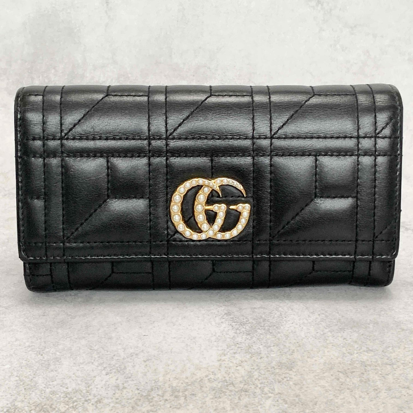 GUCCI GG Marmon Long Wallet Flap Quilted Leather Black Gold Used Auth Women's