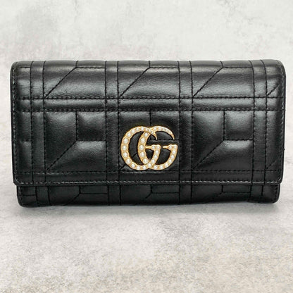 GUCCI GG Marmon Long Wallet Flap Quilted Leather Black Gold Used Auth Women's