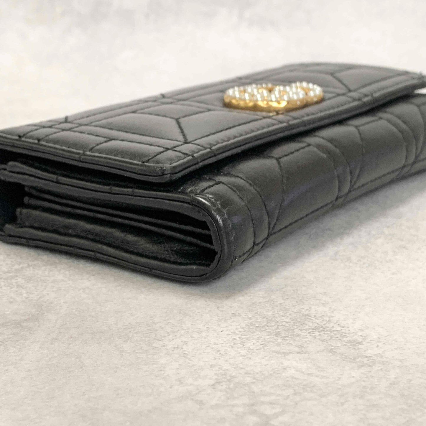 GUCCI GG Marmon Long Wallet Flap Quilted Leather Black Gold Used Auth Women's