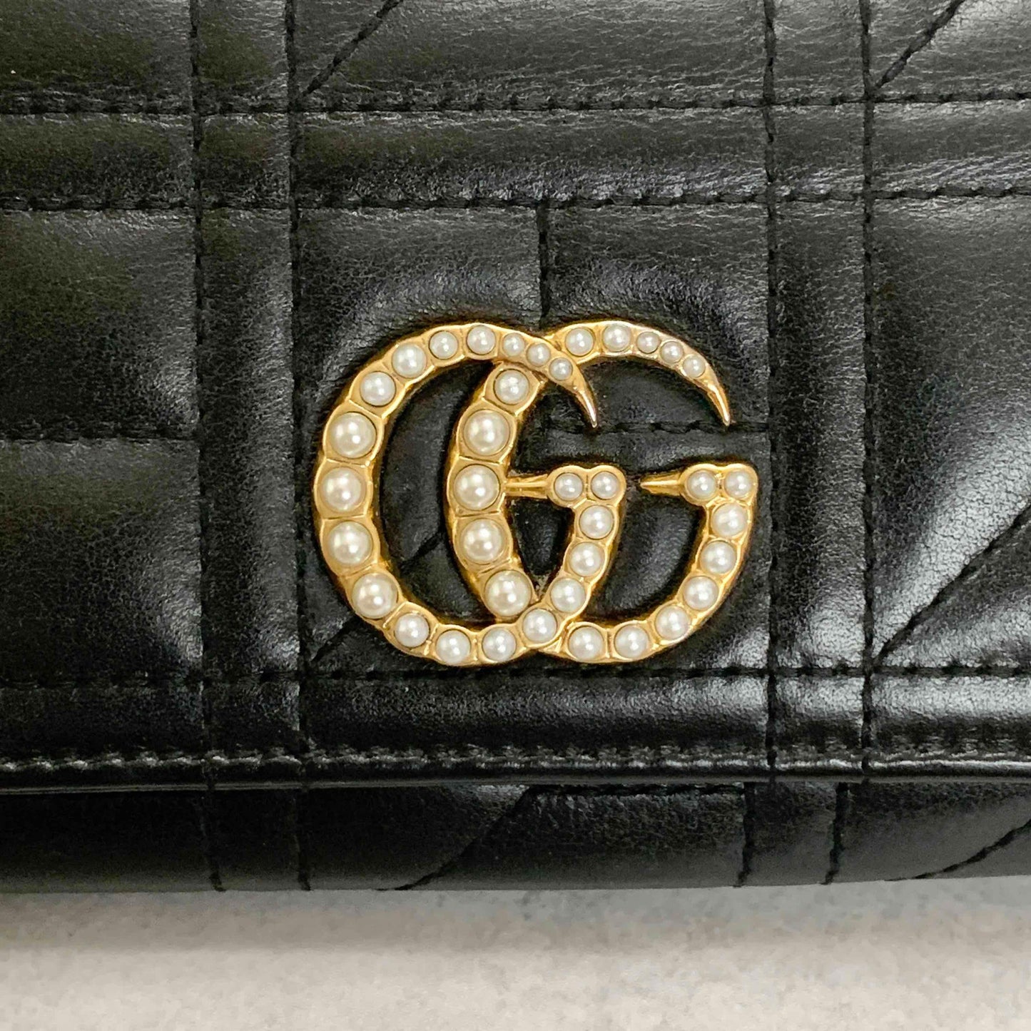 GUCCI GG Marmon Long Wallet Flap Quilted Leather Black Gold Used Auth Women's