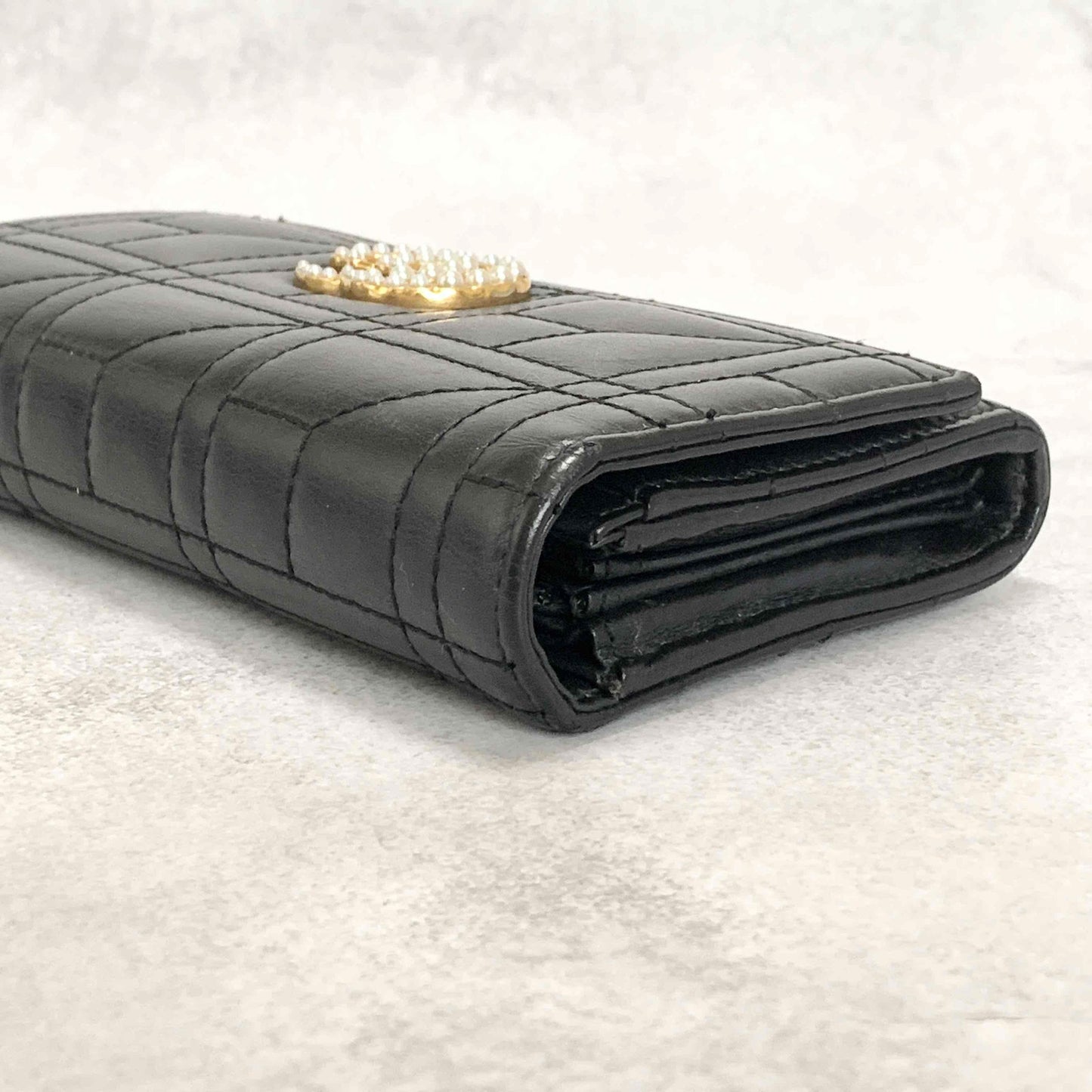 GUCCI GG Marmon Long Wallet Flap Quilted Leather Black Gold Used Auth Women's