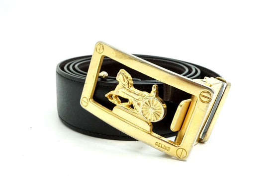CELINE Unisex Belt Horse carriage Black Gold Leather Authentic