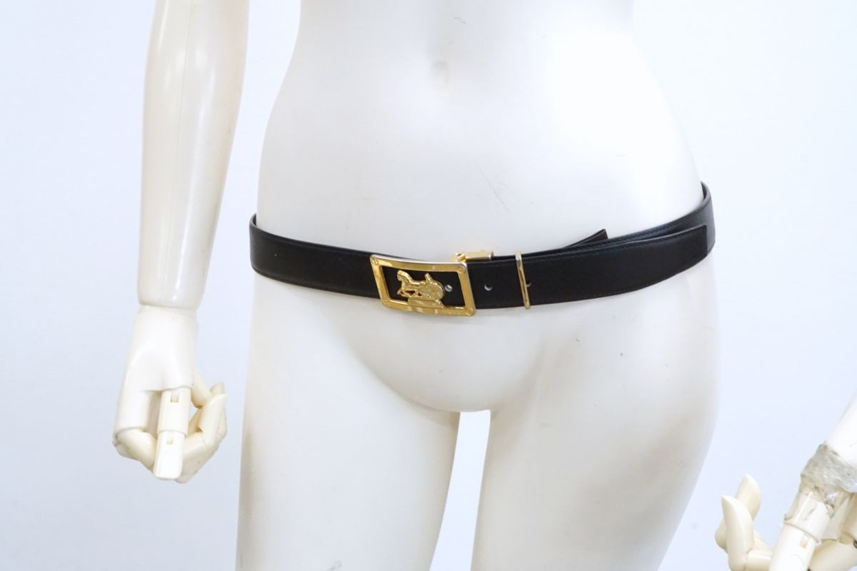 CELINE Unisex Belt Horse carriage Black Gold Leather Authentic