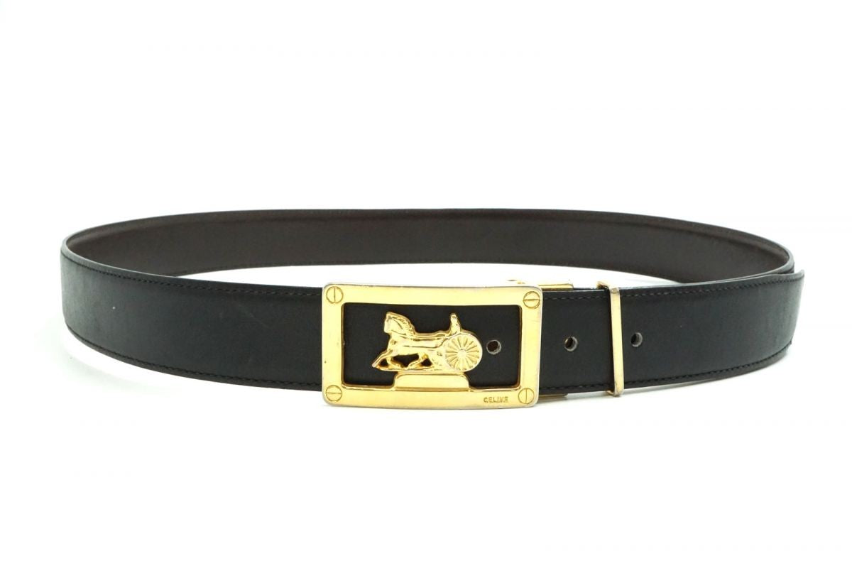 CELINE Unisex Belt Horse carriage Black Gold Leather Authentic
