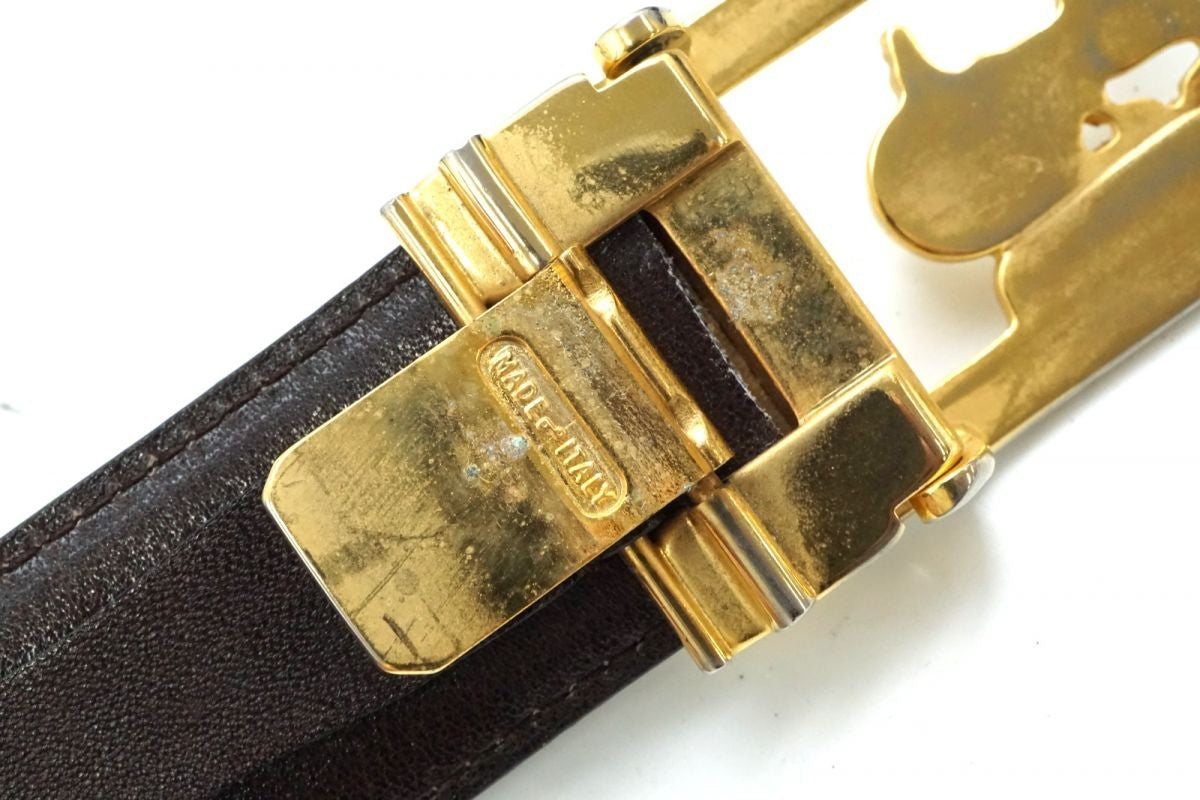 CELINE Unisex Belt Horse carriage Black Gold Leather Authentic