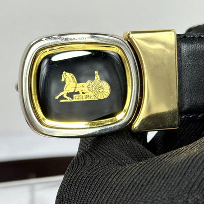 CELINE Men's Belt Horse carriage Gold Leather Authentic