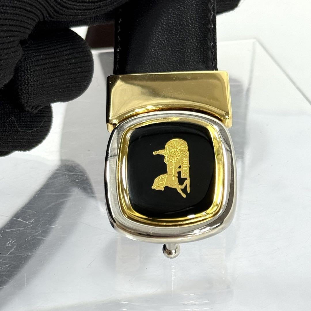 CELINE Men's Belt Horse carriage Gold Leather Authentic