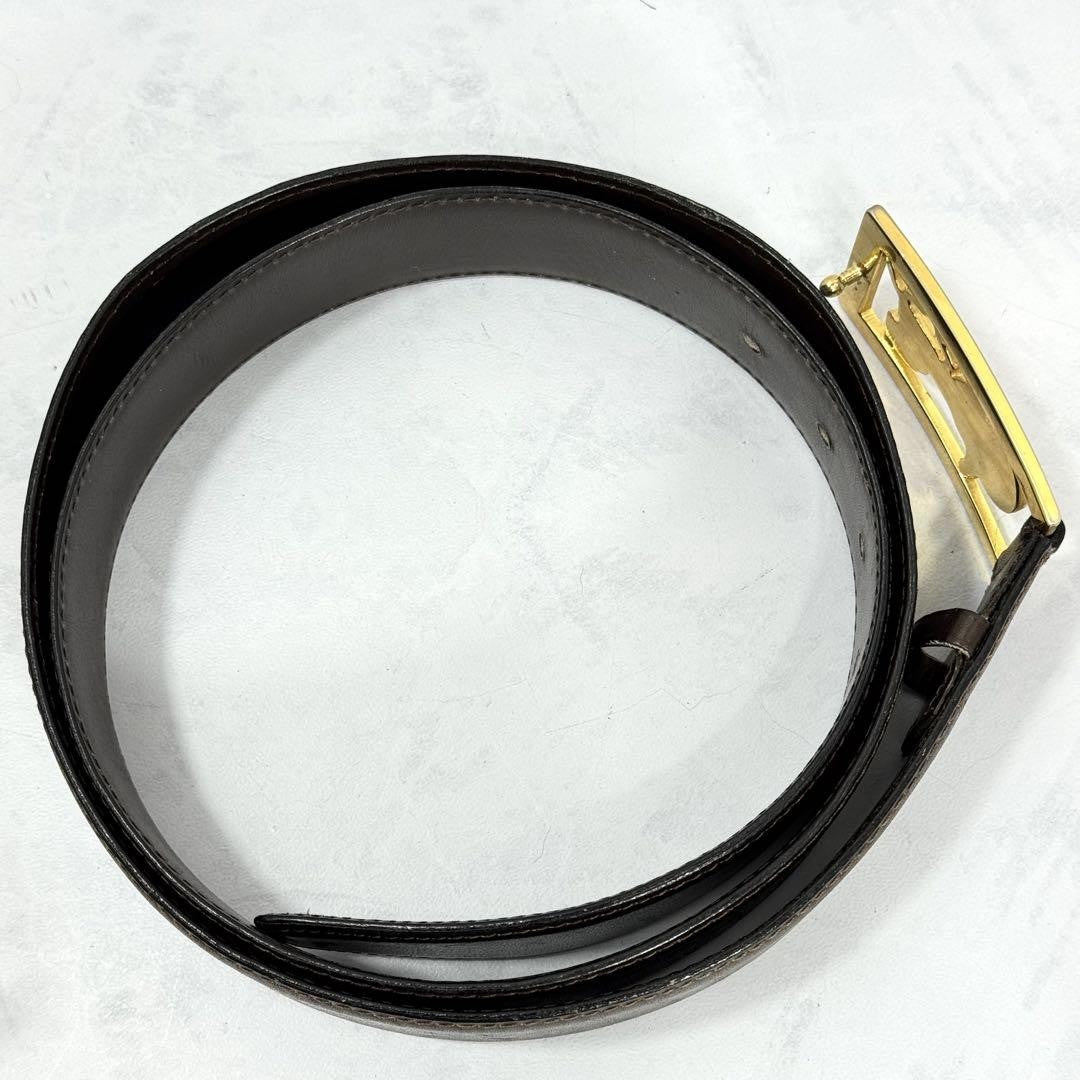 CELINE Men's Belt Horse carriage Dark Brown Gold Leather Authentic