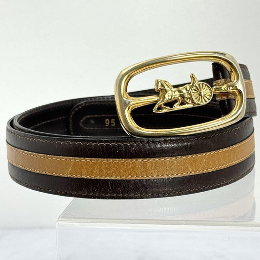 CELINE Men's Belt Horse carriage Dark Brown Camel Gold Leather Authentic