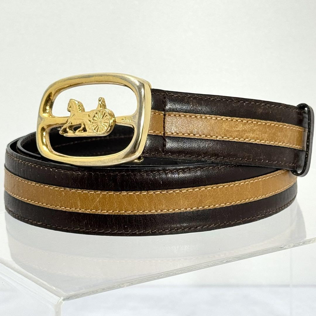 CELINE Men's Belt Horse carriage Dark Brown Camel Gold Leather Authentic