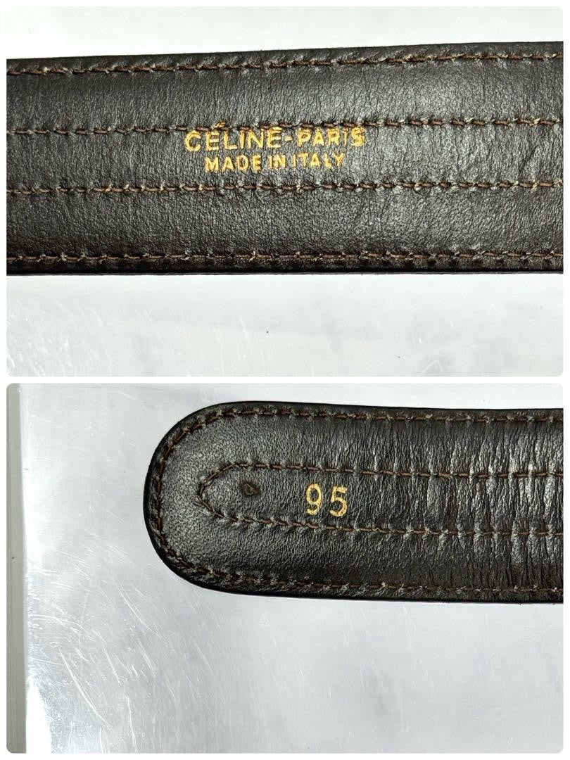 CELINE Men's Belt Horse carriage Dark Brown Camel Gold Leather Authentic