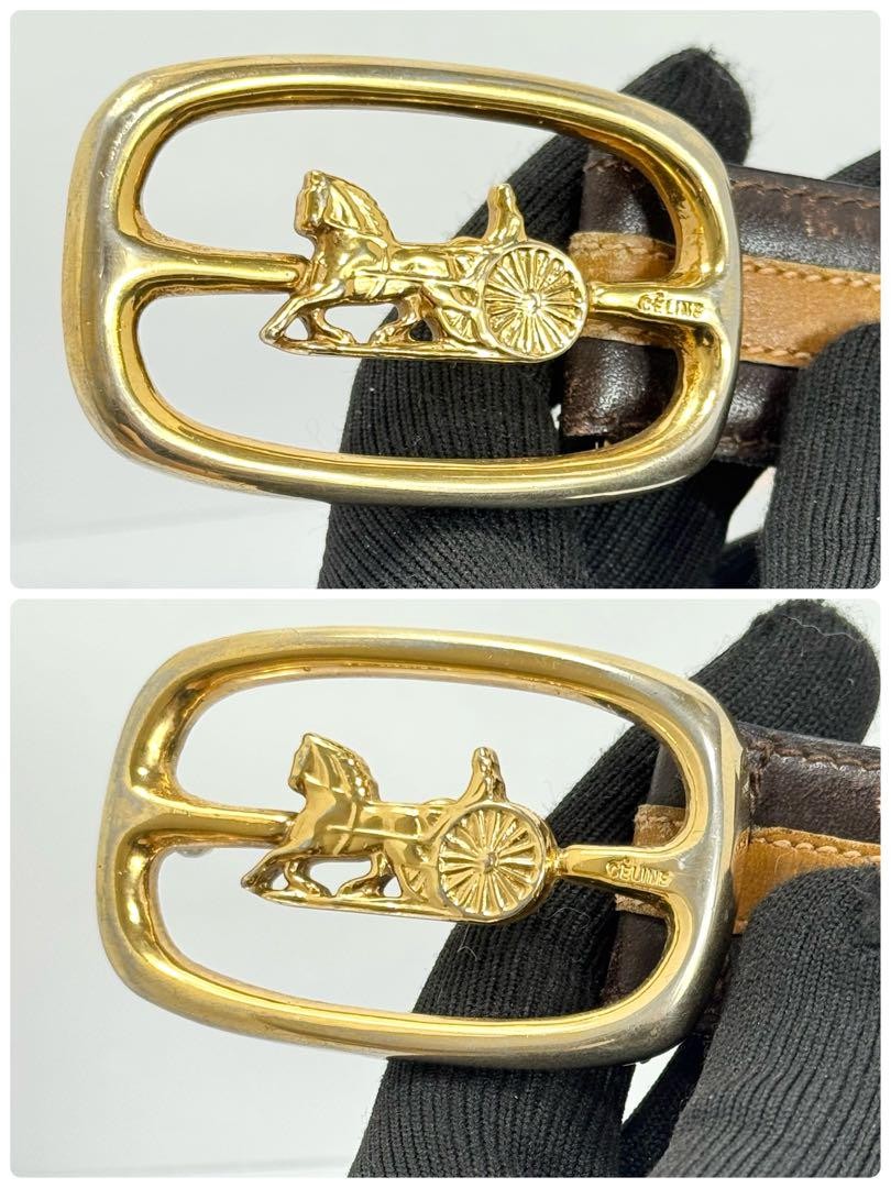CELINE Men's Belt Horse carriage Dark Brown Camel Gold Leather Authentic