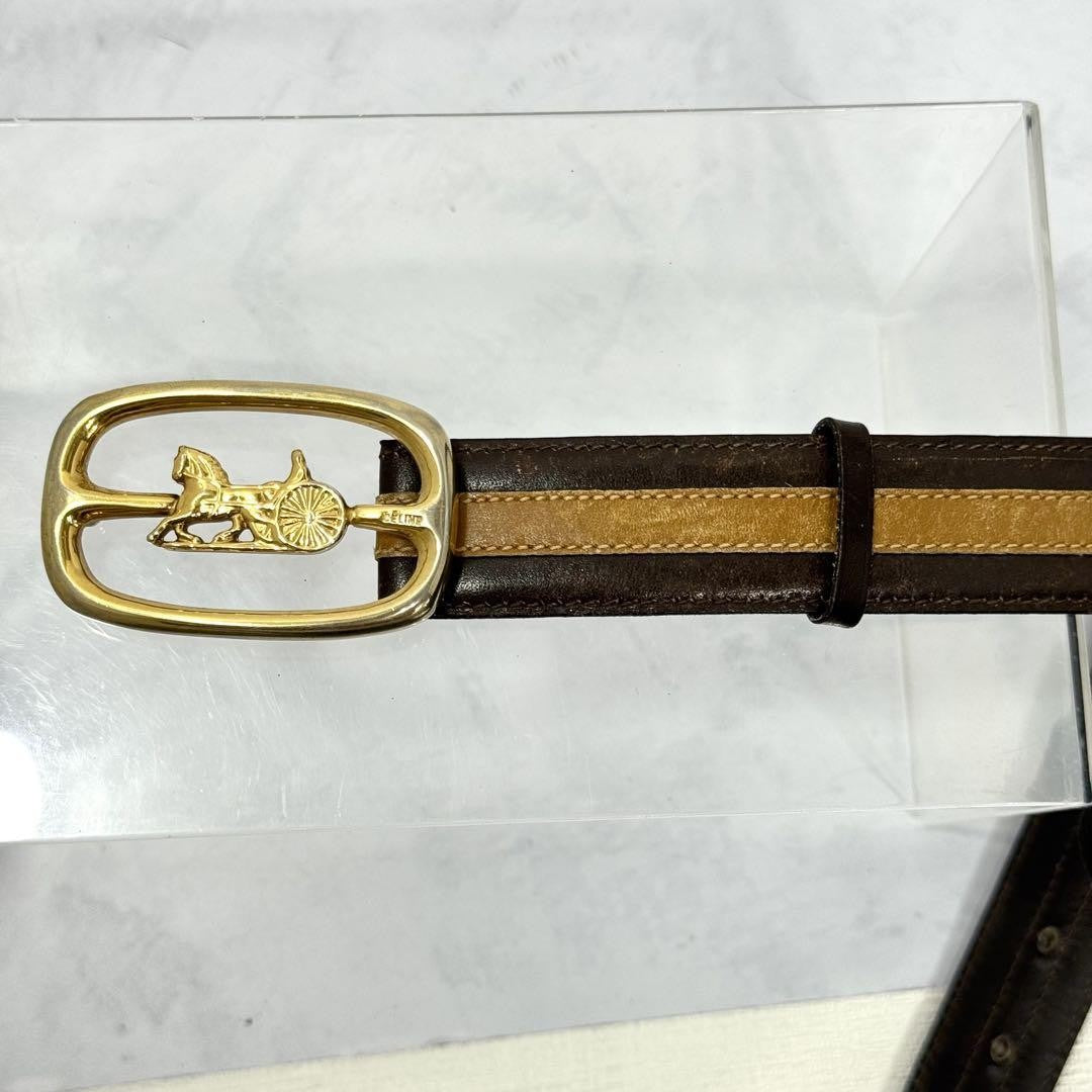 CELINE Men's Belt Horse carriage Dark Brown Camel Gold Leather Authentic