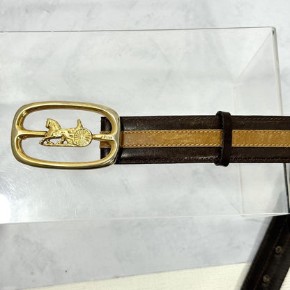 CELINE Men's Belt Horse carriage Dark Brown Camel Gold Leather Authentic