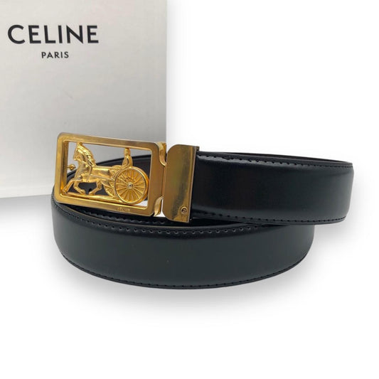 CELINE Men's Belt Horse carriage Black Brown Gold Leather Authentic