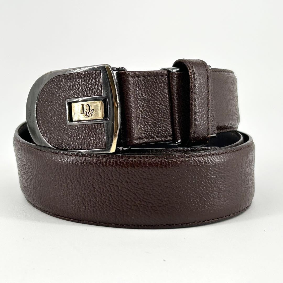 Christian Dior Men's Belt Logo Leather Gold Dark Brown Authentic