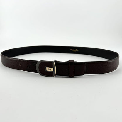 Christian Dior Men's Belt Logo Leather Gold Dark Brown Authentic