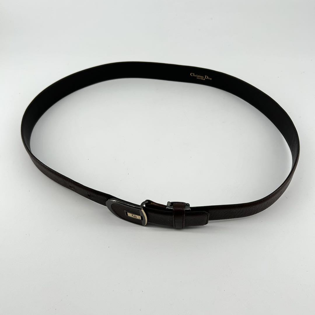 Christian Dior Men's Belt Logo Leather Gold Dark Brown Authentic