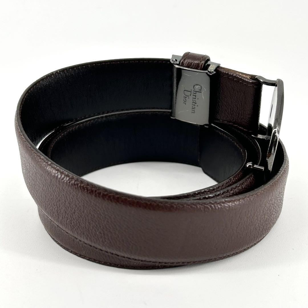 Christian Dior Men's Belt Logo Leather Gold Dark Brown Authentic