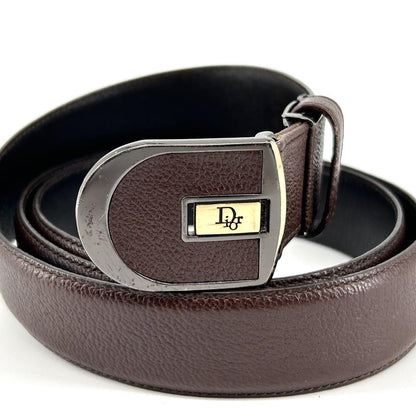 Christian Dior Men's Belt Logo Leather Gold Dark Brown Authentic
