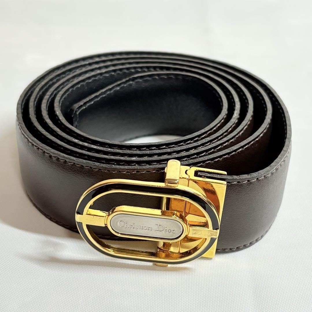 Christian Dior Men's Belt Logo Leather Black Dark Brown Gold Authentic