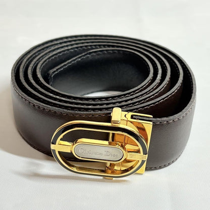 Christian Dior Men's Belt Logo Leather Black Dark Brown Gold Authentic