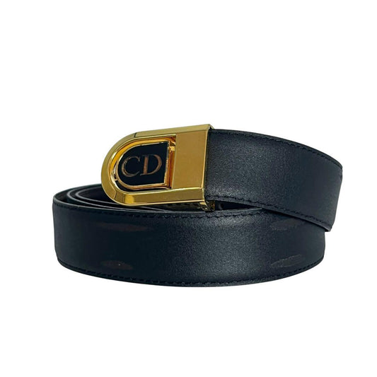 Christian Dior Men's Belt CD Leather Black Gold Authentic
