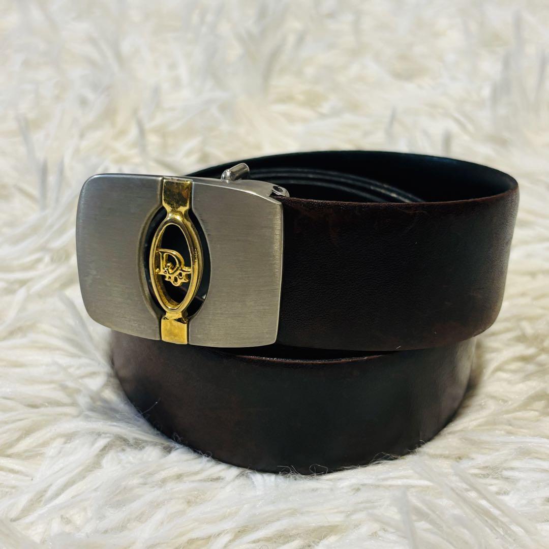 Christian Dior Men's Belt Logo Leather Gold Silver Authentic