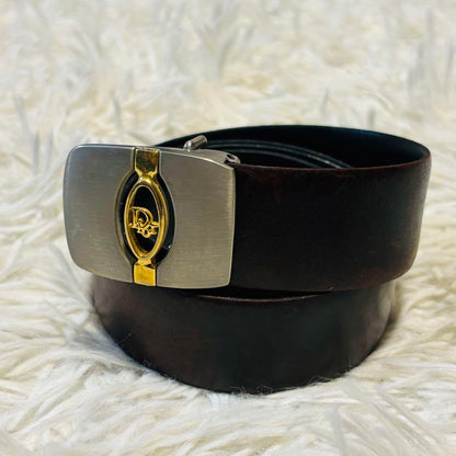 Christian Dior Men's Belt Logo Leather Gold Silver Authentic