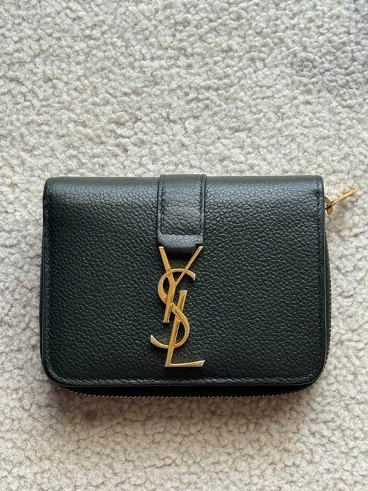 Saint Laurent Bi-fold Wallet Flap Compact Purse YSL Cassandra Khaki Authentic
