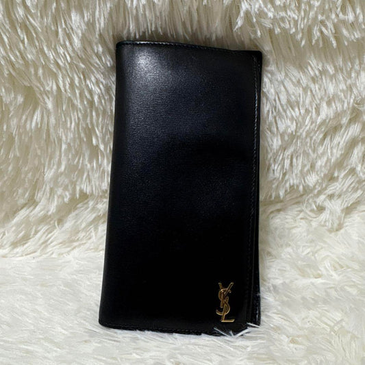 Saint Laurent Flap Wallet Long Purse YSL Cassandra Leather Black Auth