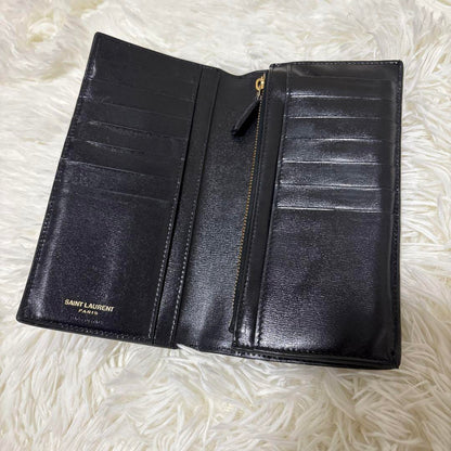 Saint Laurent Flap Wallet Long Purse YSL Cassandra Leather Black Auth