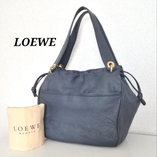 LOEWE Hand Bag Tote Purse Anagram Leather Nylon Navy Gray Authentic