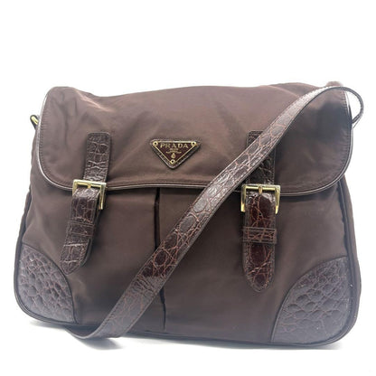 PRADA Shoulder Bag Purse Logo Nylon Leather Brown Authentic