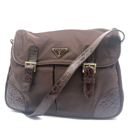 PRADA Shoulder Bag Purse Logo Nylon Leather Brown Authentic