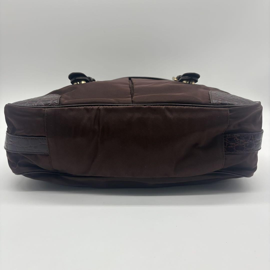 PRADA Shoulder Bag Purse Logo Nylon Leather Brown Authentic