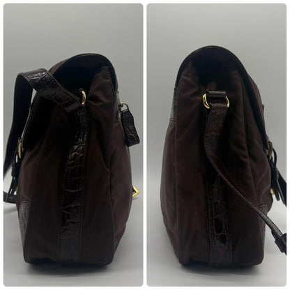 PRADA Shoulder Bag Purse Logo Nylon Leather Brown Authentic
