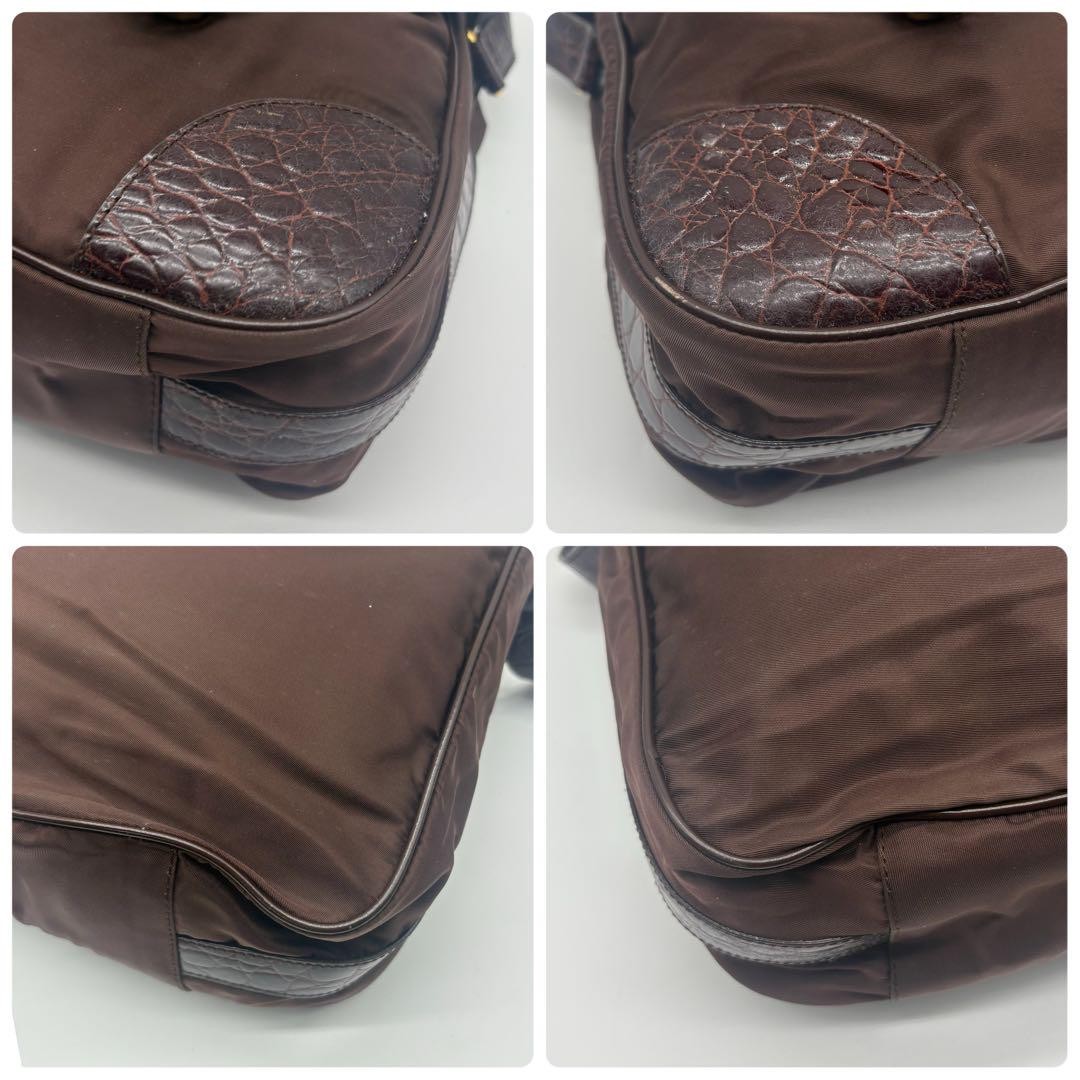 PRADA Shoulder Bag Purse Logo Nylon Leather Brown Authentic