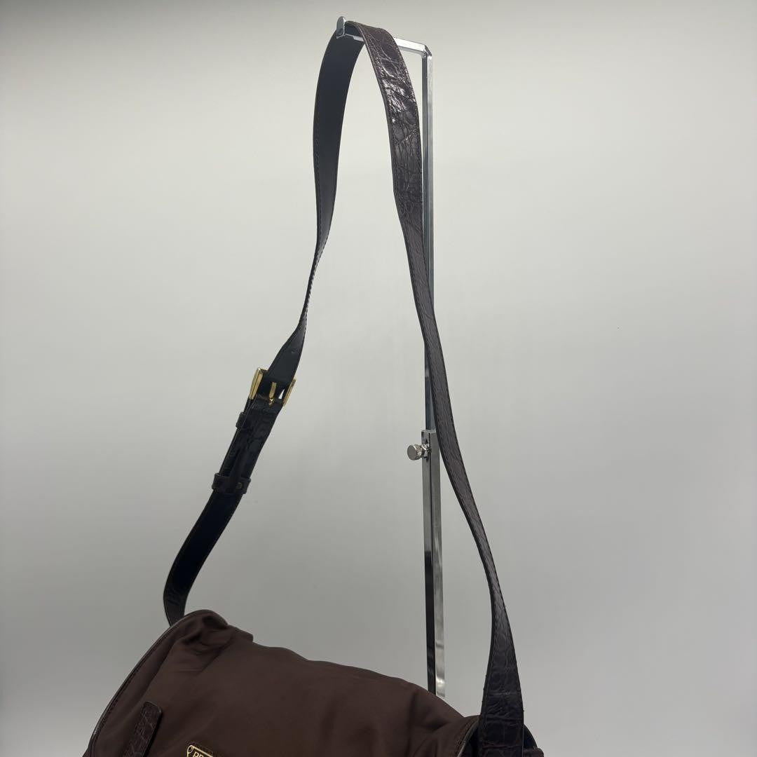 PRADA Shoulder Bag Purse Logo Nylon Leather Brown Authentic