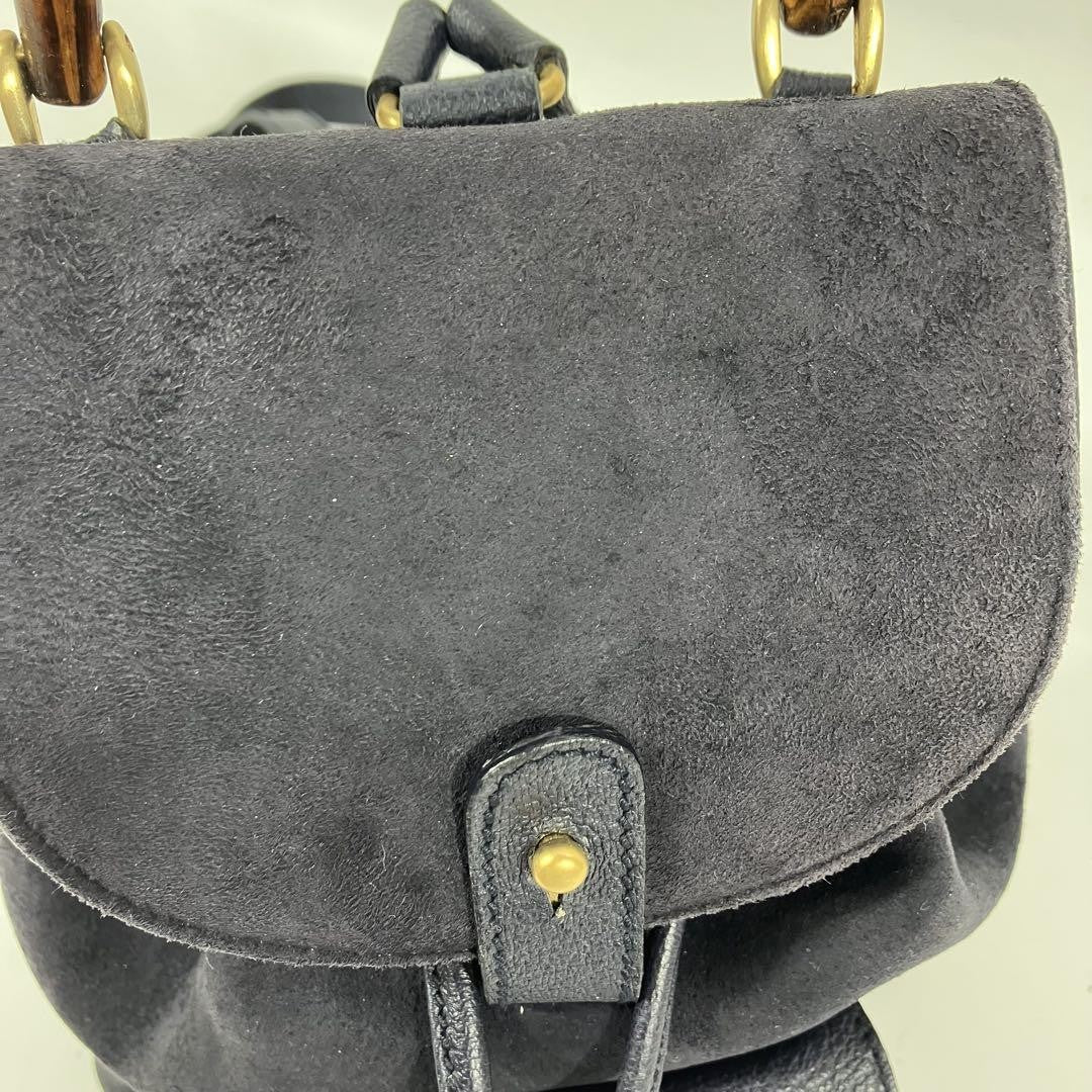 GUCCI Backpack Purse Suede Leather Navy Bamboo Used Unisex Authentic