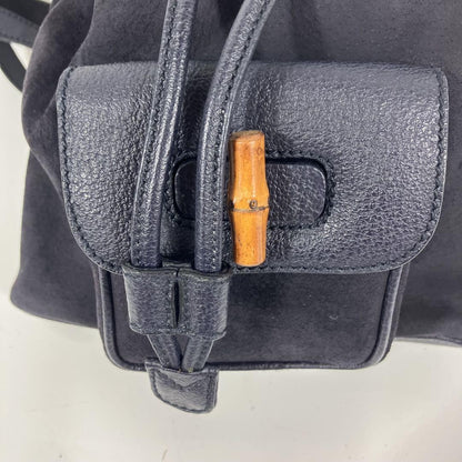 GUCCI Backpack Purse Suede Leather Navy Bamboo Used Unisex Authentic