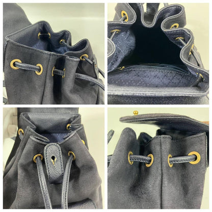 GUCCI Backpack Purse Suede Leather Navy Bamboo Used Unisex Authentic