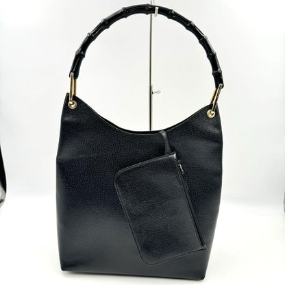 GUCCI Handbag Purse Bamboo black Gold leather with pouch Used Authentic Unisex