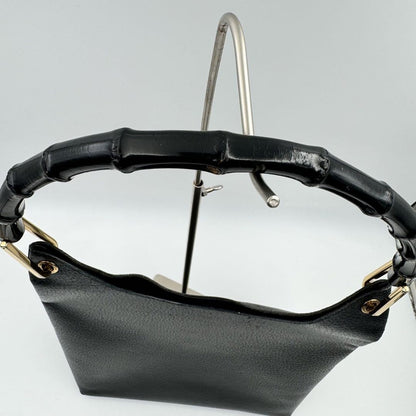 GUCCI Handbag Purse Bamboo black Gold leather with pouch Used Authentic Unisex