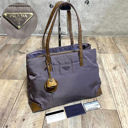 PRADA Hand Bag Tote Purse Logo Nylon Leather Canvas Dark Purple Authentic
