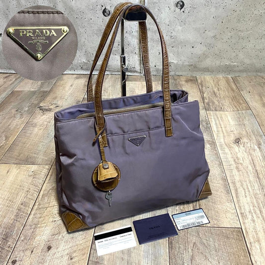 PRADA Hand Bag Tote Purse Logo Nylon Leather Canvas Dark Purple Authentic